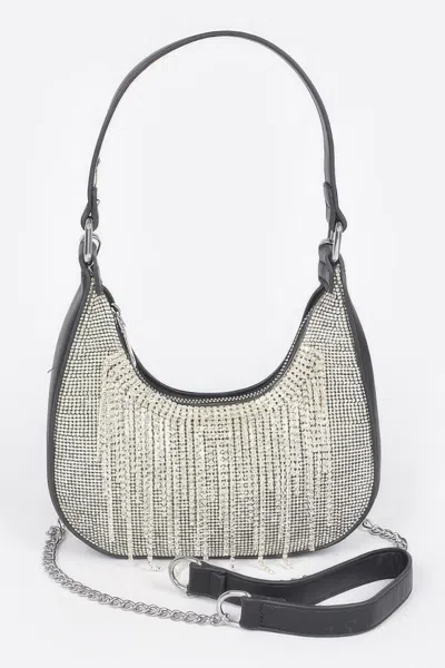 Fashnzfab Hot Fix Stones Rhinestones Fringe Hobo Bag In Black