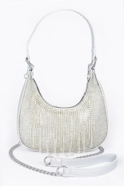 Fashnzfab Hot Fix Stones Rhinestones Fringe Hobo Bag In Silver