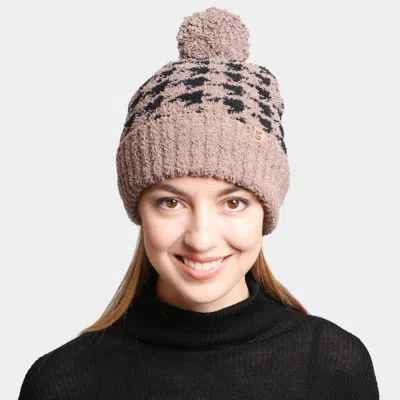 Fashnzfab Houndstooth Lined Pom-pom Beanie In Beige