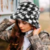Fashnzfab Houndstooth Patterned Faux Fur Bucket Hat In Black