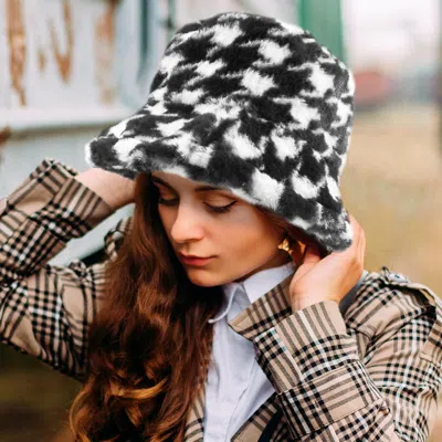 Fashnzfab Houndstooth Patterned Faux Fur Bucket Hat In Black