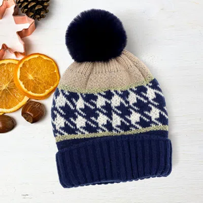 Fashnzfab Houndstooth Patterned Pom Pom Beanie Hat In Blue