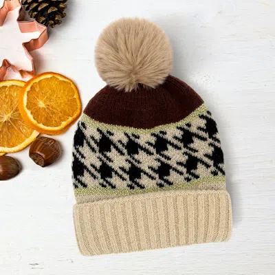 Fashnzfab Houndstooth Patterned Pom Pom Beanie Hat In Gray