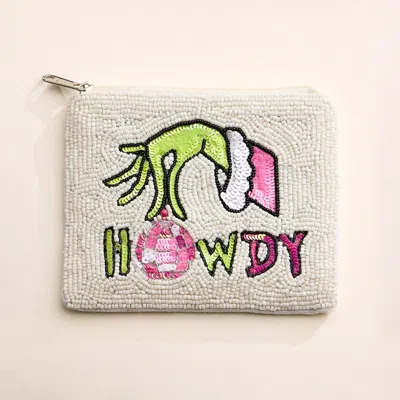 Fashnzfab Howdy Message Christmas Green Monster Hand Seed Beaded Mini Pouch Bag In Multi