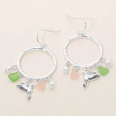 Fashnzfab Hummingbird Sea Glass Charm Drop Open Ring Dangle Earrings In Pink