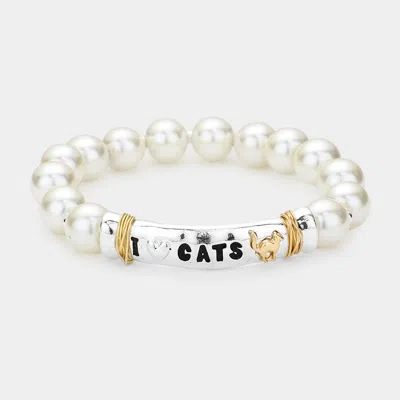 Fashnzfab I Love Cats Message Pearl Stretch Bracelet Antique Silver In Multi