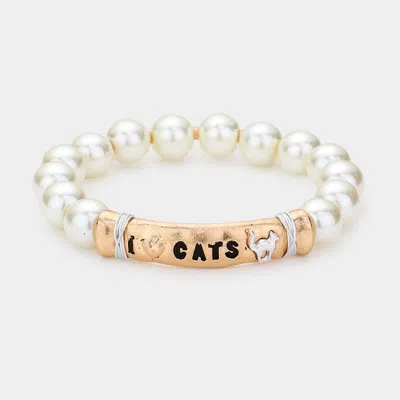 Fashnzfab I Love Cats Message Pearl Stretch Bracelet In Multi