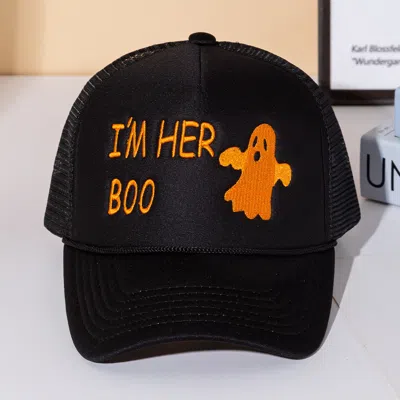 Fashnzfab Im Her Boo Embroidered Mesh Back Trucker Cap In Black