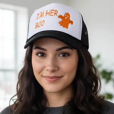 Fashnzfab Im Her Boo Embroidered Mesh Back Trucker Cap In White
