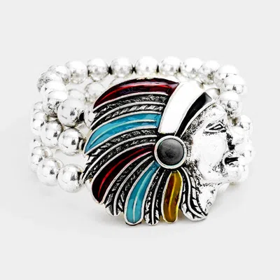Fashnzfab Indian Chief Stretch Bracelet Antique Silver, Multi