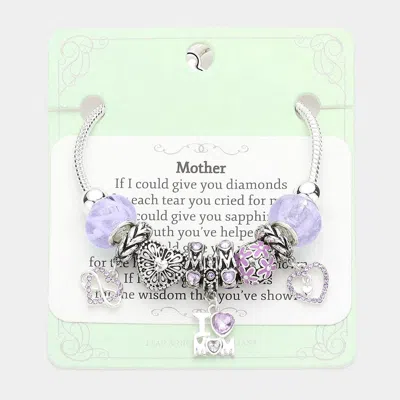 Fashnzfab Infinity Heart I Love Mom Message Charm Multi Bead Bracelet - Antique Silver, Lavender
