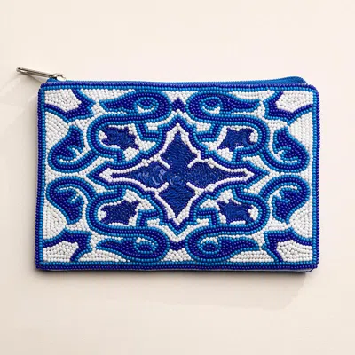 Fashnzfab Intricate Geometric Pattern Sequin Seed Beaded Mini Pouch Bag In Blue