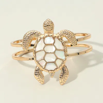 Fashnzfab Intricate Mother Of Pearl Shell Design Turtle Hinged Bracelet In Silver