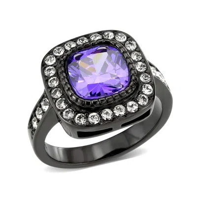 Fashnzfab Ip Black (ion Plating) Stainless Steel Ring With Aaa Grade Cz In Amethyst In Multi
