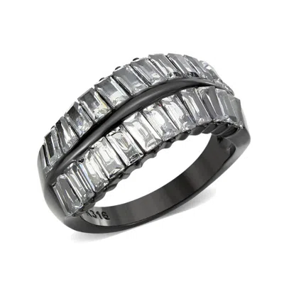 Fashnzfab Ip Black (ion Plating) Stainless Steel Ring With Aaa Grade Cz In Clear In Metallic