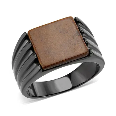 Fashnzfab Ip Black (ion Plating) Stainless Steel Ring With Semi-precious In Topaz In Multi