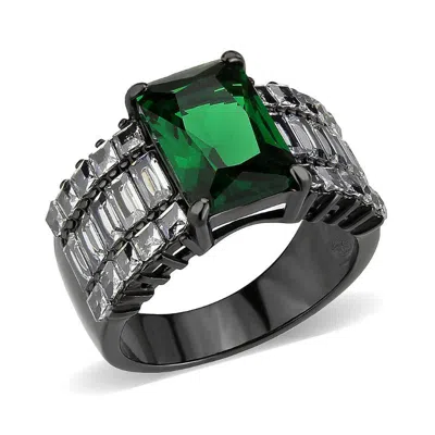 Fashnzfab Ip Black (ion Plating) Stainless Steel Ring With Synthetic In Emerald In Green