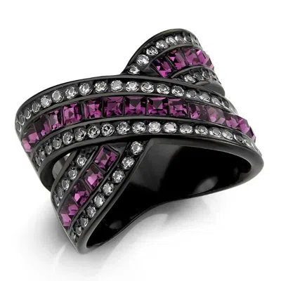 Fashnzfab Ip Black (ion Plating) Stainless Steel Ring With Top Grade Crystal In Amethyst