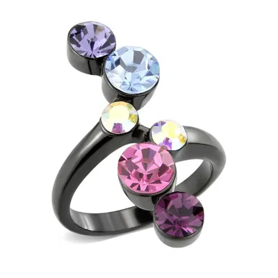 Fashnzfab Ip Black (ion Plating) Stainless Steel Ring With Top Grade Crystal In Multicolor