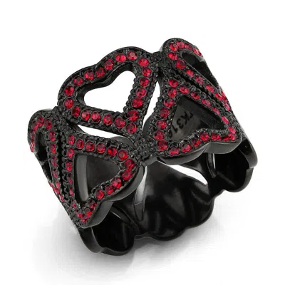 Fashnzfab Ip Black (ion Plating) Stainless Steel Ring With Top Grade Crystal In Red Series