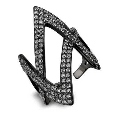 Fashnzfab Ip Black Stainless Steel Ring With Aaa Grade Cz In Clear