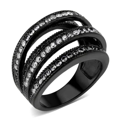 Fashnzfab Ip Black Stainless Steel Ring With Aaa Grade Cz In Clear In Multi