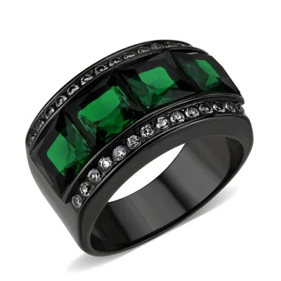 Fashnzfab Ip Black Stainless Steel Ring With Synthetic In Emerald In Pink