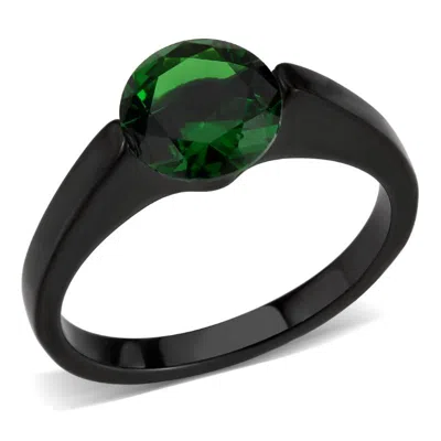 Fashnzfab Ip Black Stainless Steel Ring With Synthetic In Emerald In Multi
