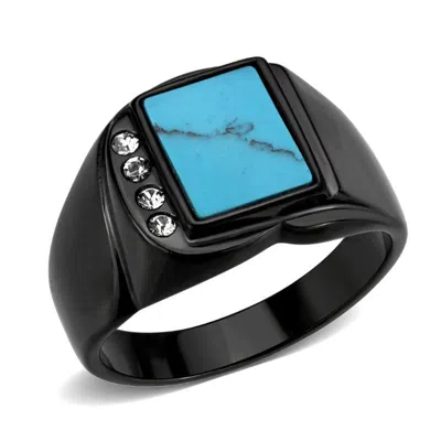 Fashnzfab Ip Black Stainless Steel Ring With Synthetic In Sea Blue In Purple
