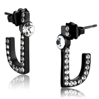 Fashnzfab Ip Black(ion Plating) Stainless Steel Earrings With Top Grade Crystal In Clear In Gold
