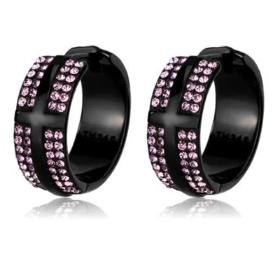 Fashnzfab Ip Black(ion Plating) Stainless Steel Earrings With Top Grade Crystal In Light Amethyst