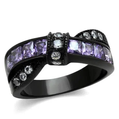 Fashnzfab Ip Black(ion Plating) Stainless Steel Ring With Aaa Grade Cz In Amethyst