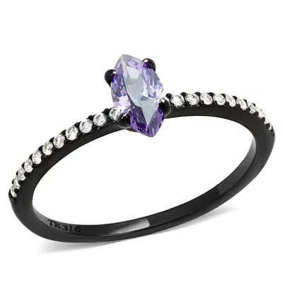 Fashnzfab Ip Black(ion Plating) Stainless Steel Ring With Aaa Grade Cz In Amethyst