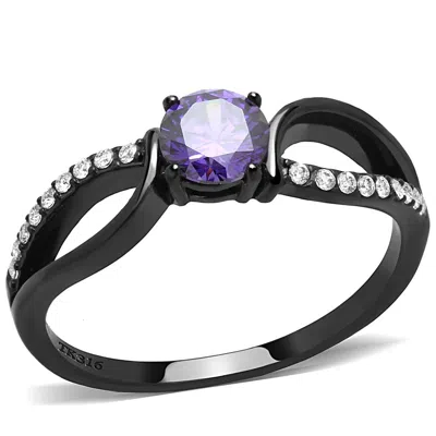Fashnzfab Ip Black(ion Plating) Stainless Steel Ring With Aaa Grade Cz In Amethyst