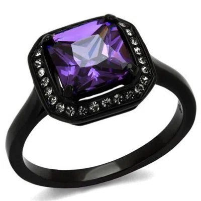 Fashnzfab Ip Black(ion Plating) Stainless Steel Ring With Aaa Grade Cz In Amethyst