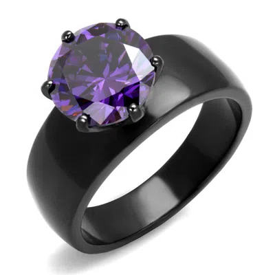 Fashnzfab Ip Black(ion Plating) Stainless Steel Ring With Aaa Grade Cz In Amethyst