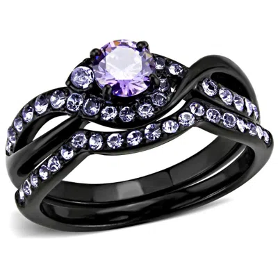 Fashnzfab Ip Black(ion Plating) Stainless Steel Ring With Aaa Grade Cz In Amethyst