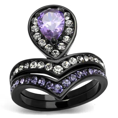 Fashnzfab Ip Black(ion Plating) Stainless Steel Ring With Aaa Grade Cz In Amethyst In Pattern