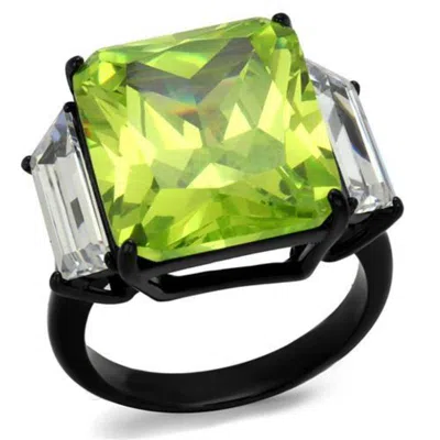 Fashnzfab Ip Black(ion Plating) Stainless Steel Ring With Aaa Grade Cz In Apple Green Color