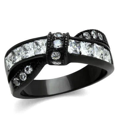 Fashnzfab Ip Black(ion Plating) Stainless Steel Ring With Aaa Grade Cz In Clear