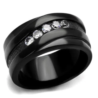 Fashnzfab Ip Black(ion Plating) Stainless Steel Ring With Aaa Grade Cz In Clear