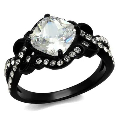 Fashnzfab Ip Black(ion Plating) Stainless Steel Ring With Aaa Grade Cz In Clear