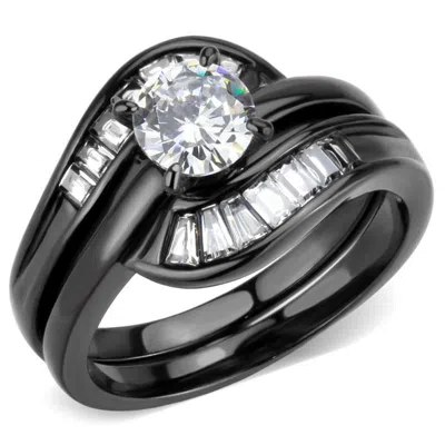 Fashnzfab Ip Black(ion Plating) Stainless Steel Ring With Aaa Grade Cz In Clear