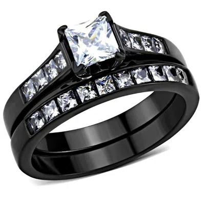 Fashnzfab Ip Black(ion Plating) Stainless Steel Ring With Aaa Grade Cz In Clear In Red