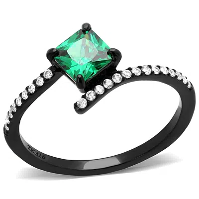 Fashnzfab Ip Black(ion Plating) Stainless Steel Ring With Aaa Grade Cz In Emerald In Metallic