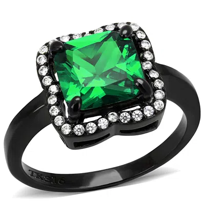 Fashnzfab Ip Black(ion Plating) Stainless Steel Ring With Aaa Grade Cz In Emerald In Multi