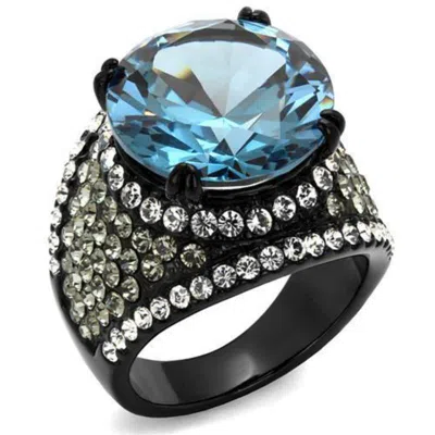 Fashnzfab Ip Black(ion Plating) Stainless Steel Ring With Aaa Grade Cz In London Blue