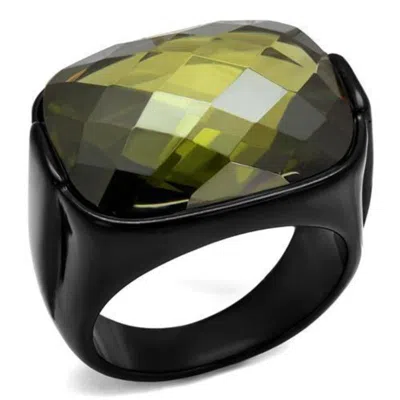 Fashnzfab Ip Black(ion Plating) Stainless Steel Ring With Aaa Grade Cz In Olivine Color In Multi