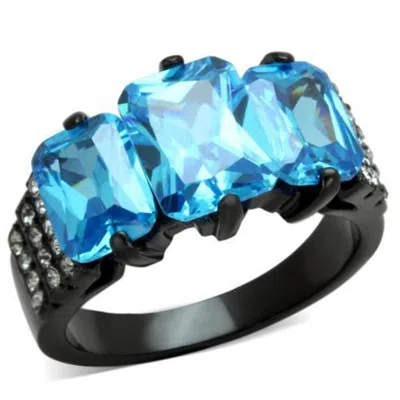 Fashnzfab Ip Black(ion Plating) Stainless Steel Ring With Aaa Grade Cz In Sea Blue