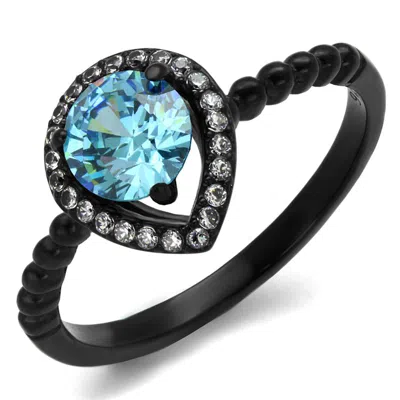 Fashnzfab Ip Black(ion Plating) Stainless Steel Ring With Aaa Grade Cz In Sea Blue